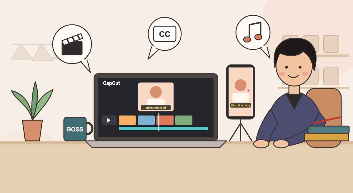 Chủ cửa hàng dựng video bán hàng bằng CapCut trên máy tính, điện thoại đặt trên giá đỡ hiển thị phụ đề tự động