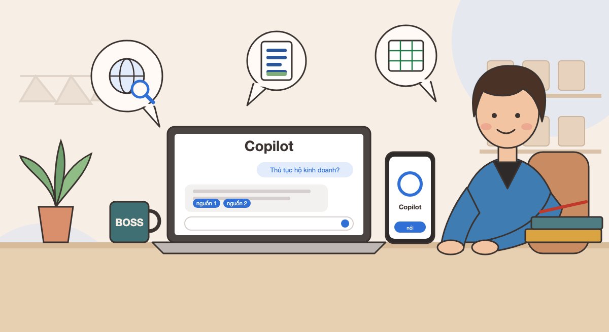 Chủ cửa hàng dùng Microsoft Copilot trên máy tính và điện thoại để tra cứu thông tin có dẫn nguồn